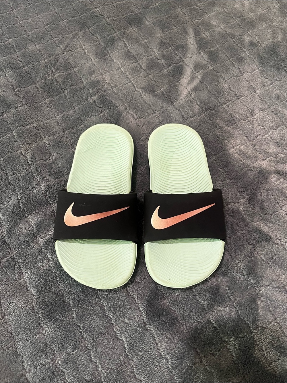 Nike Mint Green‎ Footbed Slides with Black Strap and Rose Gold Swoosh